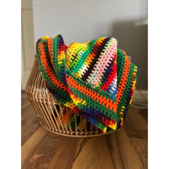 Vintage Crochet Blanket Multicolor Handmade Afghan 48x58 holiday gift